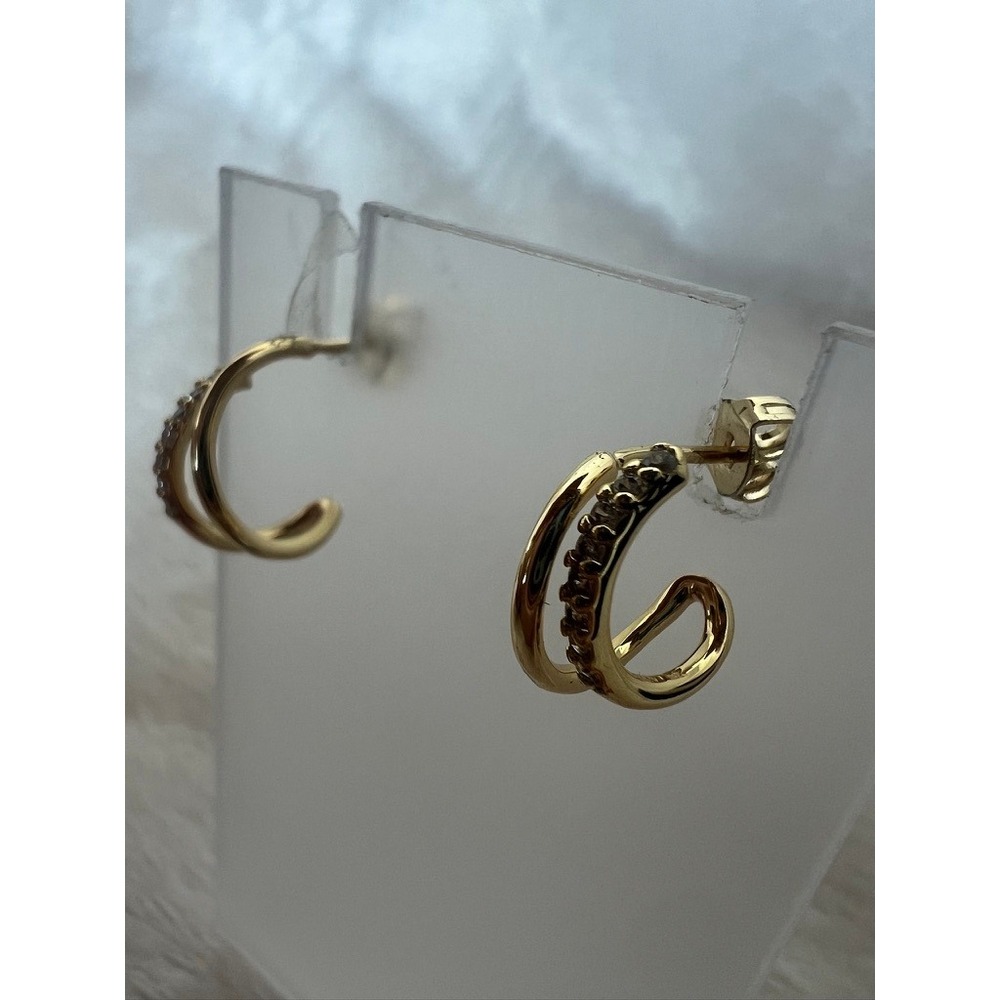 Double Hoop Earrings Gold Tone Clear Crystal Pave J-Hoops Modern Minimalist